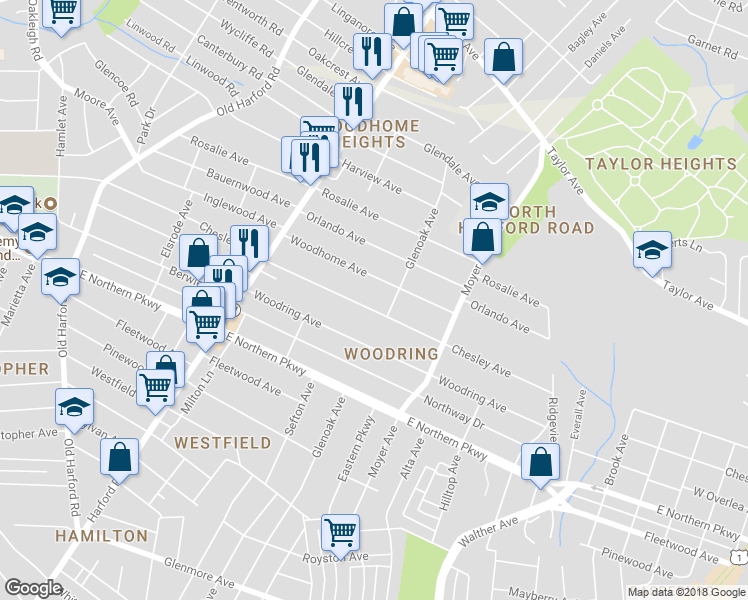 map of restaurants, bars, coffee shops, grocery stores, and more near 3124 Chesley Avenue in Baltimore