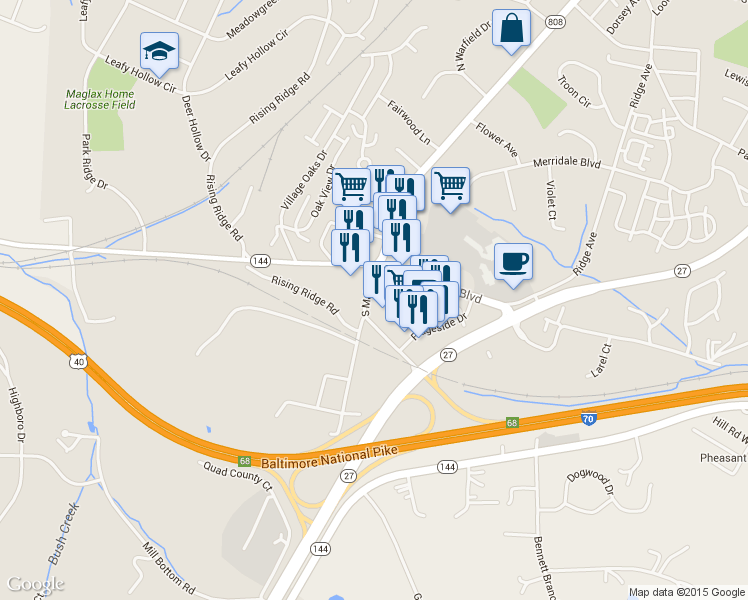 map of restaurants, bars, coffee shops, grocery stores, and more near 1507 S Main St in Mt Airy