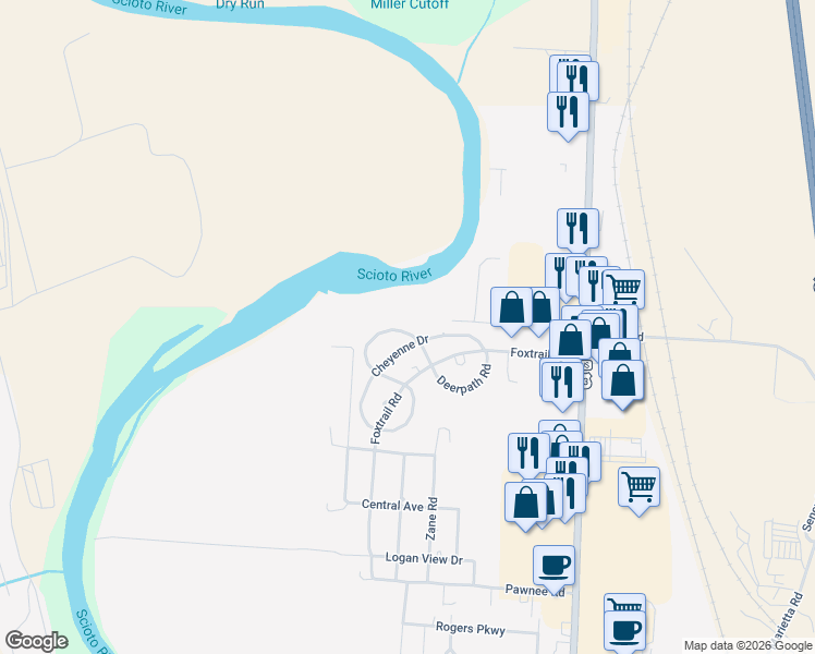 map of restaurants, bars, coffee shops, grocery stores, and more near 22 Delaware Drive in Chillicothe