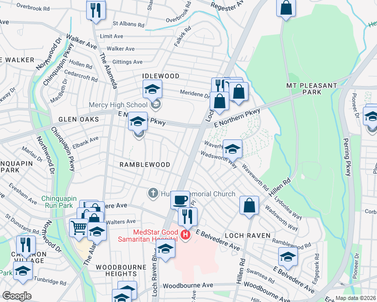 map of restaurants, bars, coffee shops, grocery stores, and more near 6000 Loch Raven Boulevard in Baltimore