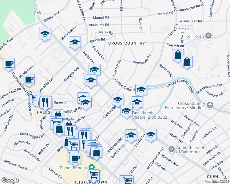 map of restaurants, bars, coffee shops, grocery stores, and more near 3510 Labyrinth Road in Baltimore