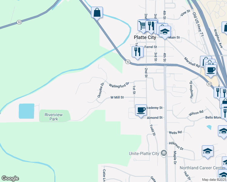 map of restaurants, bars, coffee shops, grocery stores, and more near 15 Wallingford Drive in Platte City