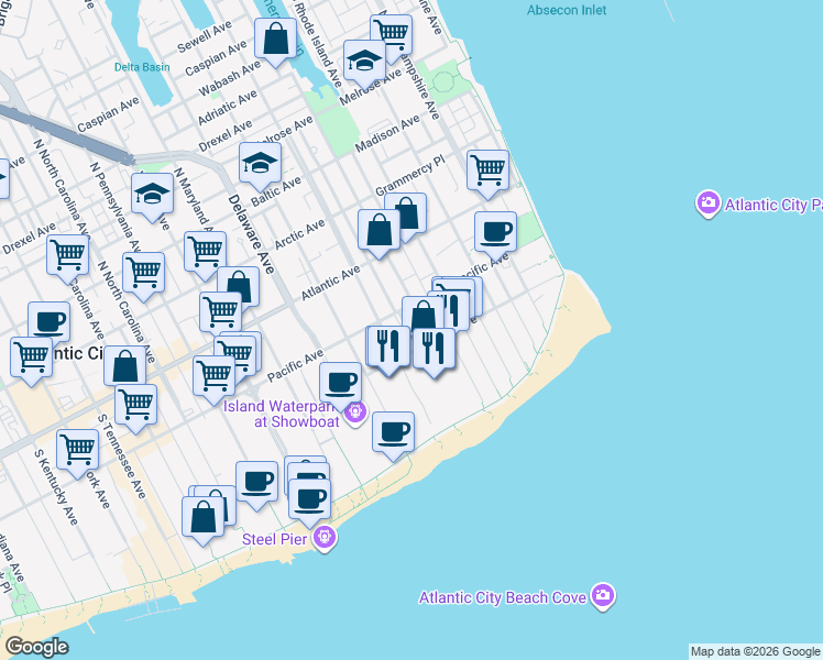 map of restaurants, bars, coffee shops, grocery stores, and more near 115 South Congress Avenue in Atlantic City
