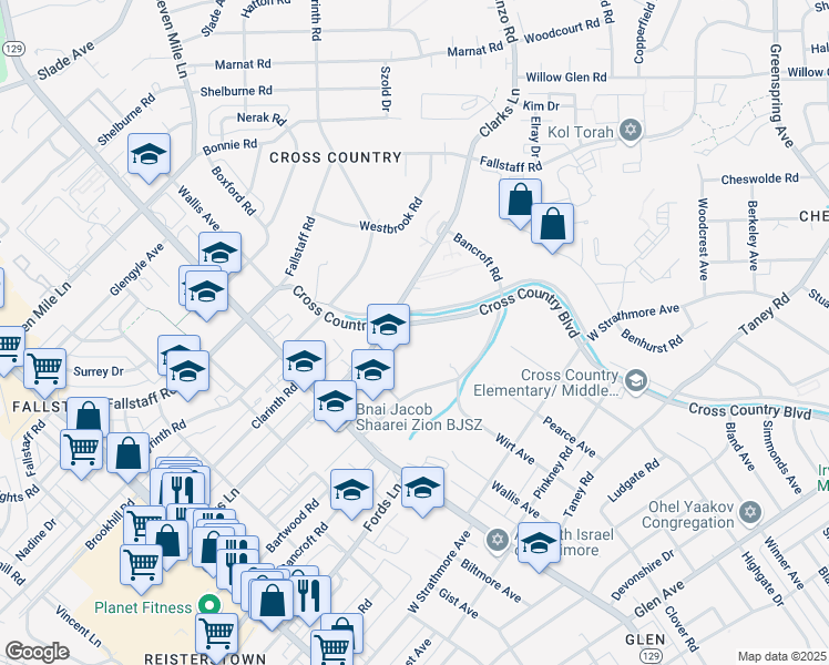 map of restaurants, bars, coffee shops, grocery stores, and more near 6612 Cross Country Boulevard in Baltimore