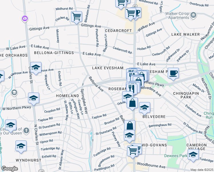 map of restaurants, bars, coffee shops, grocery stores, and more near 312 East Belvedere Avenue in Baltimore