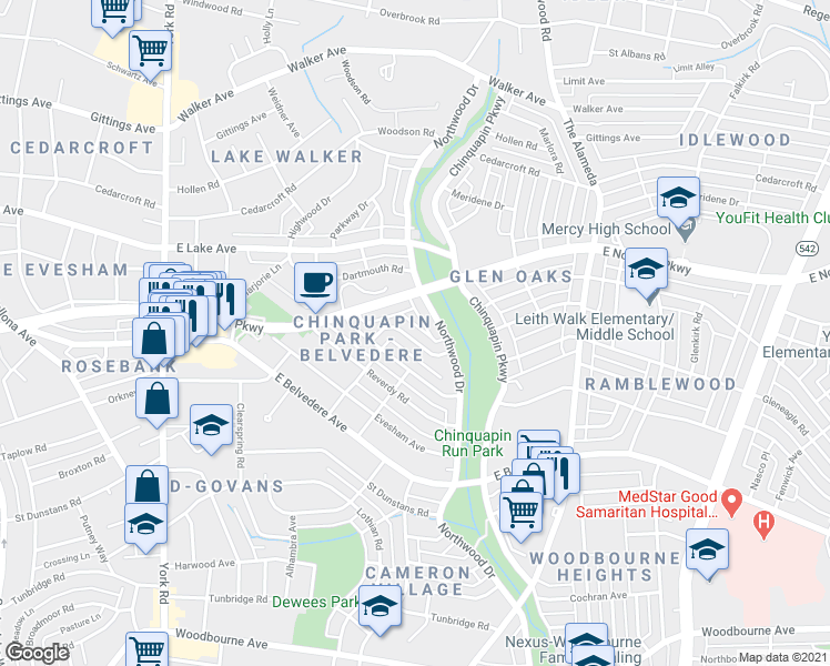 map of restaurants, bars, coffee shops, grocery stores, and more near 1012 Marlau Drive in Baltimore