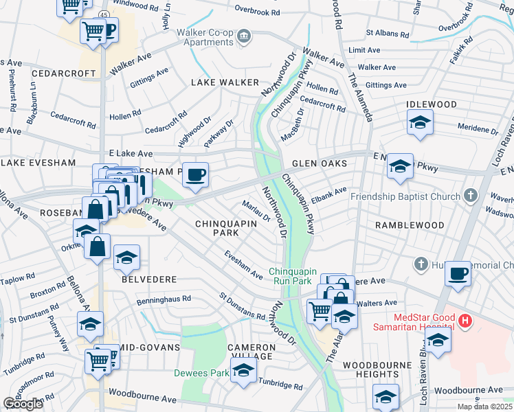 map of restaurants, bars, coffee shops, grocery stores, and more near 1012 Marlau Drive in Baltimore