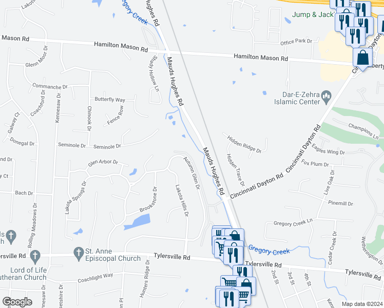 map of restaurants, bars, coffee shops, grocery stores, and more near 7506 Shawnee Lane in Butler County