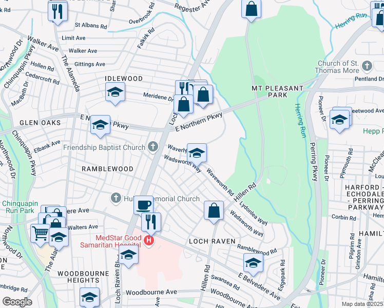 map of restaurants, bars, coffee shops, grocery stores, and more near 1557 Waverly Way in Baltimore