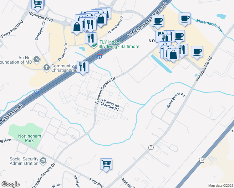 map of restaurants, bars, coffee shops, grocery stores, and more near 5309 Abbeywood Court in Rosedale