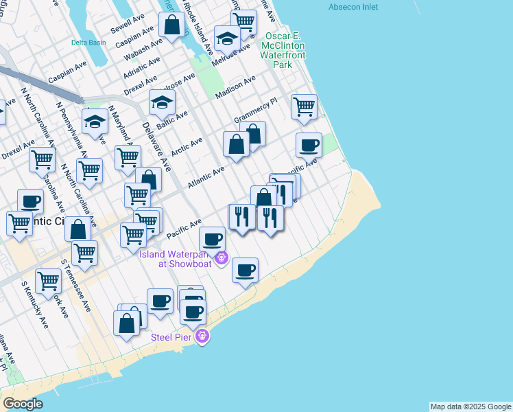 map of restaurants, bars, coffee shops, grocery stores, and more near 115 South Congress Avenue in Atlantic City