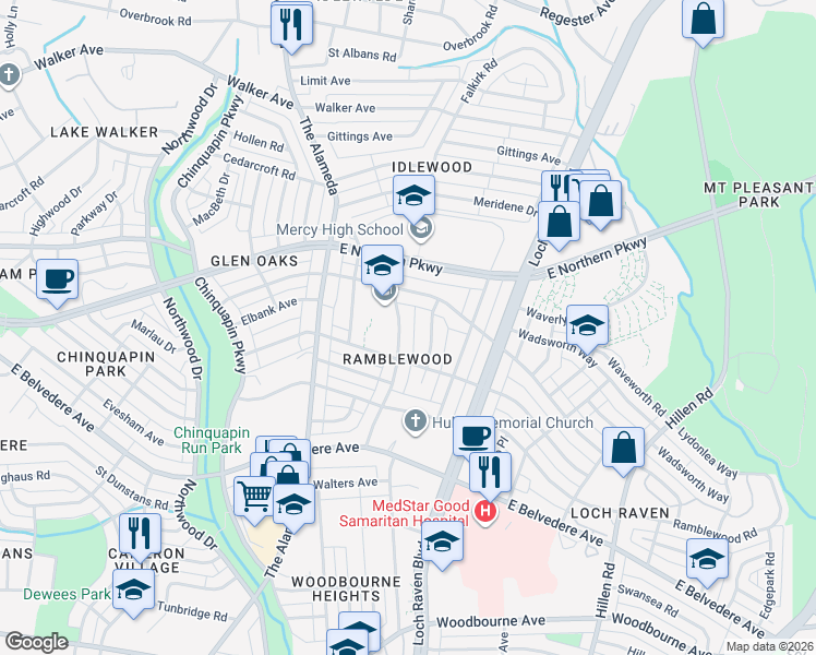 map of restaurants, bars, coffee shops, grocery stores, and more near 5927 Leith Walk in Baltimore