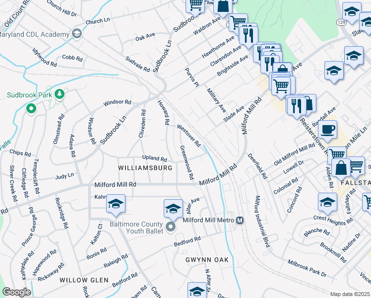 map of restaurants, bars, coffee shops, grocery stores, and more near 705 Greenwood Road in Pikesville