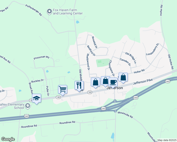 map of restaurants, bars, coffee shops, grocery stores, and more near 18 Shadywood Drive in Jefferson