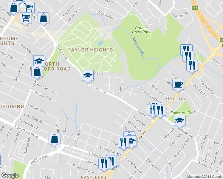 map of restaurants, bars, coffee shops, grocery stores, and more near 7603 Windy Ridge in Baltimore