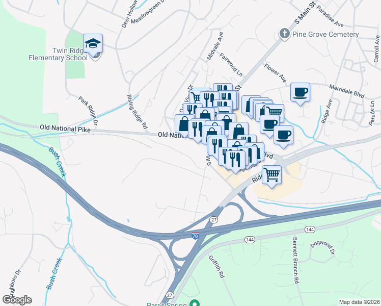 map of restaurants, bars, coffee shops, grocery stores, and more near 1613 Rising Ridge Road in Mount Airy
