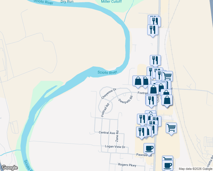 map of restaurants, bars, coffee shops, grocery stores, and more near 22 Delaware Drive in Chillicothe