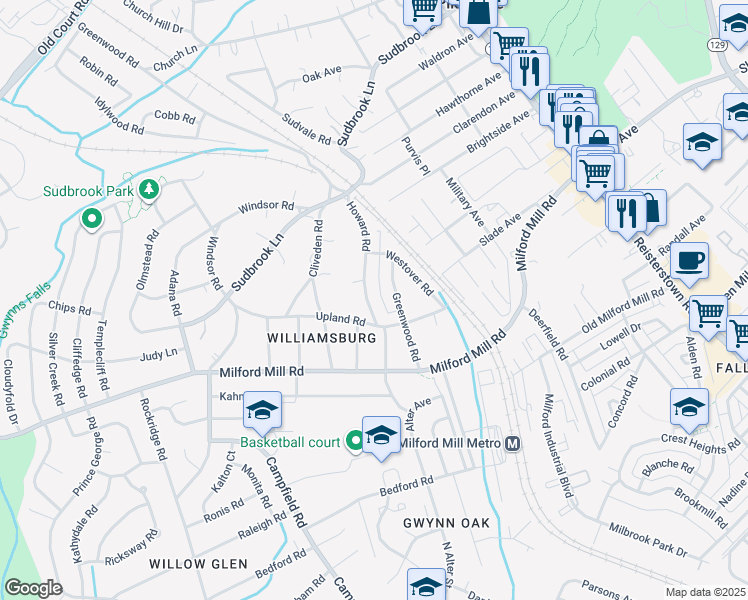 map of restaurants, bars, coffee shops, grocery stores, and more near 715 Howard Road in Pikesville