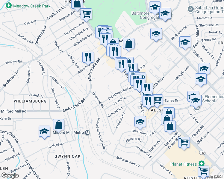 map of restaurants, bars, coffee shops, grocery stores, and more near 4204 Old Milford Mill Road in Pikesville