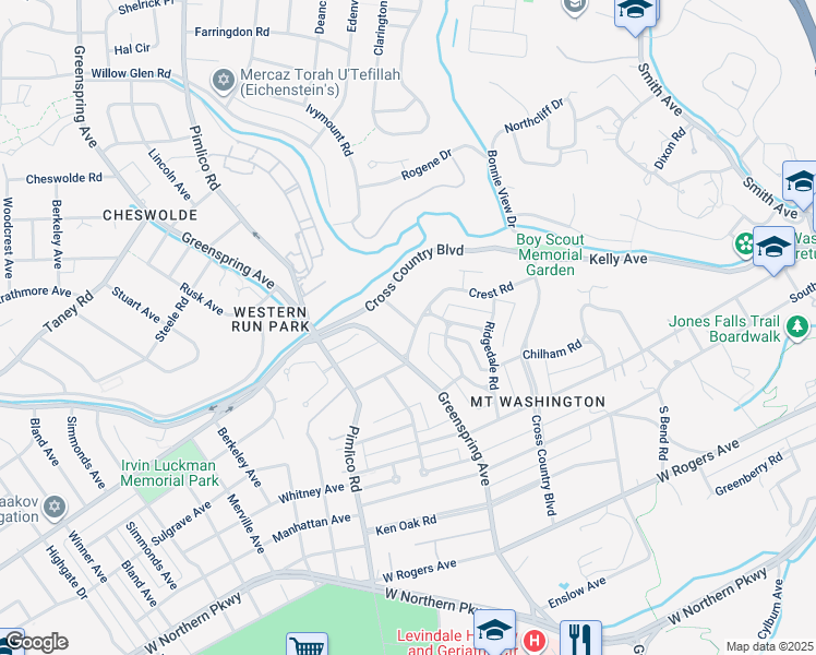 map of restaurants, bars, coffee shops, grocery stores, and more near 2300 Crest Road in Baltimore