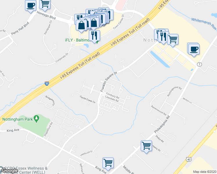 map of restaurants, bars, coffee shops, grocery stores, and more near 9821 Finsbury Road in Rosedale