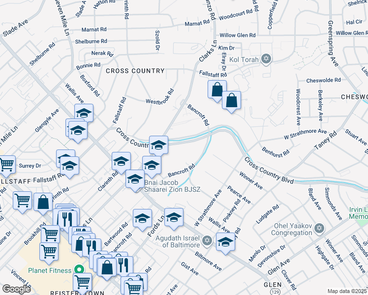 map of restaurants, bars, coffee shops, grocery stores, and more near 6606 Cross Country Boulevard in Baltimore