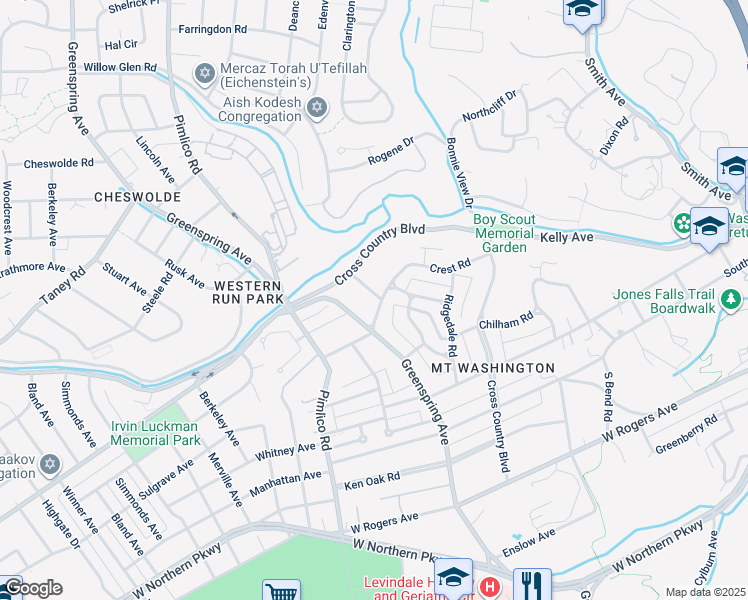 map of restaurants, bars, coffee shops, grocery stores, and more near 2300 Crest Road in Baltimore