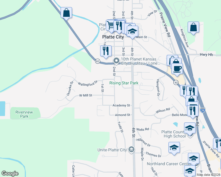 map of restaurants, bars, coffee shops, grocery stores, and more near 1125 1st Street in Platte City