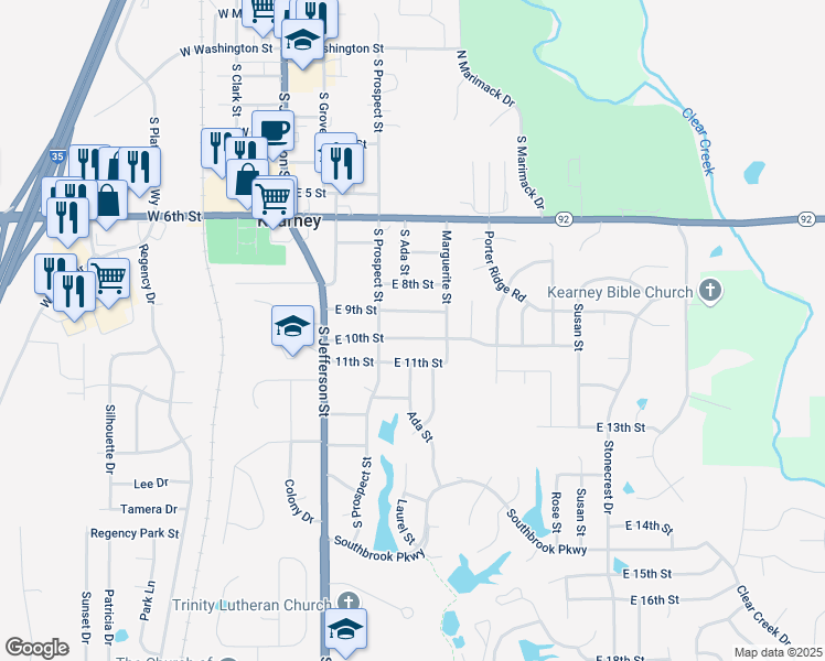 map of restaurants, bars, coffee shops, grocery stores, and more near 400 East 10th Street in Kearney
