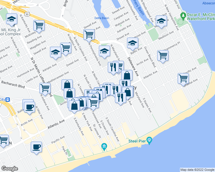 map of restaurants, bars, coffee shops, grocery stores, and more near 30 North Pennsylvania Avenue in Atlantic City