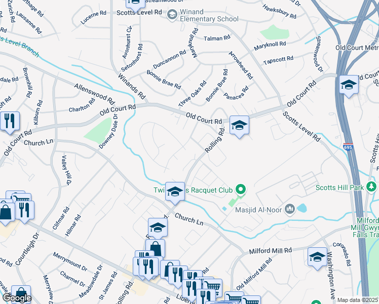 map of restaurants, bars, coffee shops, grocery stores, and more near 4795 Byron Road in Pikesville