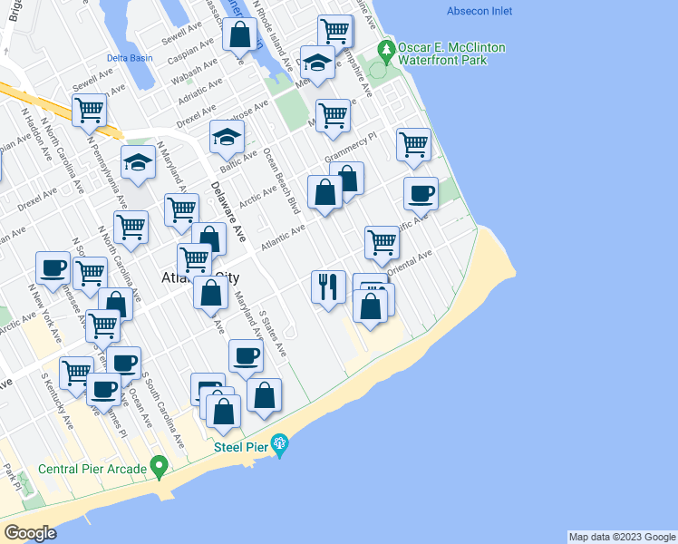 map of restaurants, bars, coffee shops, grocery stores, and more near 526 Pacific Avenue in Atlantic City