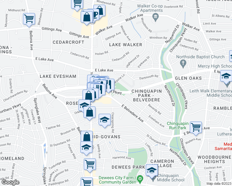 map of restaurants, bars, coffee shops, grocery stores, and more near 712 East Belvedere Avenue in Baltimore