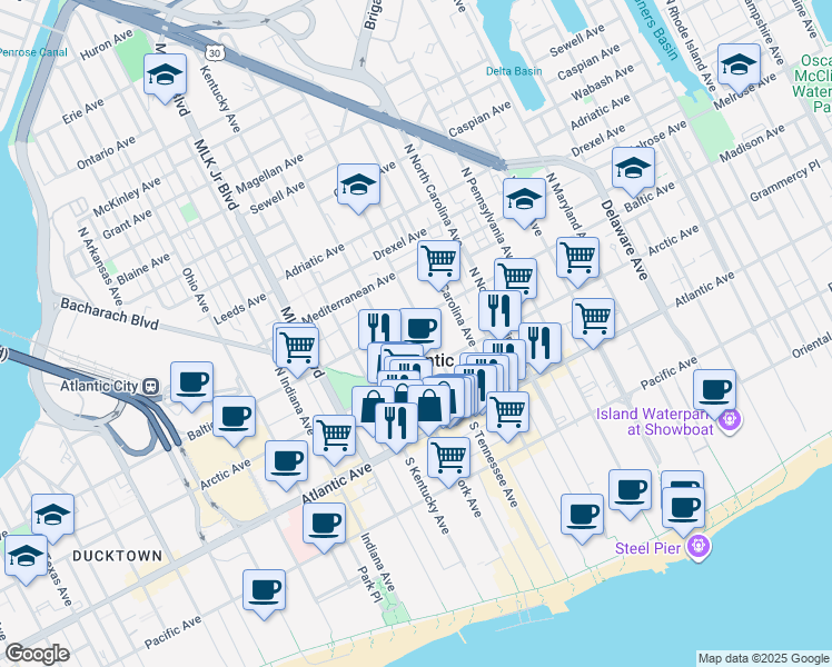 map of restaurants, bars, coffee shops, grocery stores, and more near 127 Reverend Doctor Isaac Cole Plaza in Atlantic City