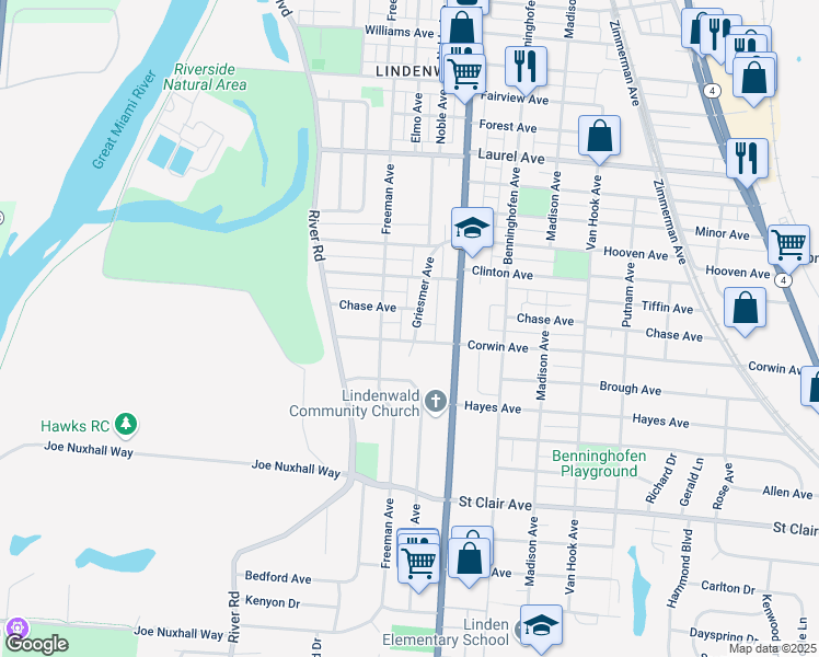 map of restaurants, bars, coffee shops, grocery stores, and more near 3211 Griesmer Avenue in Hamilton