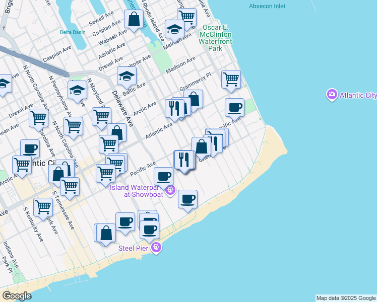 map of restaurants, bars, coffee shops, grocery stores, and more near 526 Pacific Avenue in Atlantic City