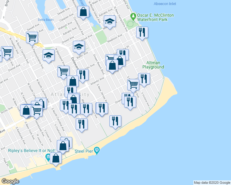 map of restaurants, bars, coffee shops, grocery stores, and more near 526 Pacific Avenue in Atlantic City