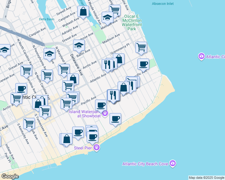 map of restaurants, bars, coffee shops, grocery stores, and more near 526 Pacific Avenue in Atlantic City