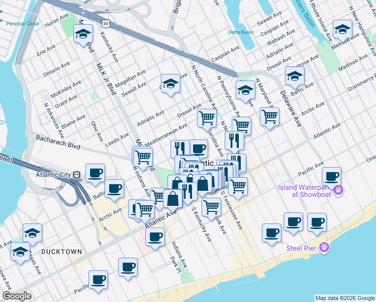 map of restaurants, bars, coffee shops, grocery stores, and more near 1501 Baltic Avenue in Atlantic City