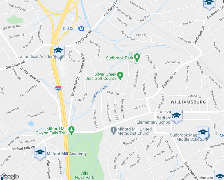 map of restaurants, bars, coffee shops, grocery stores, and more near 803 Silver Creek Road in Pikesville
