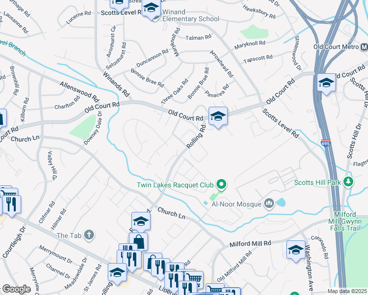 map of restaurants, bars, coffee shops, grocery stores, and more near 4703 Marling Road in Pikesville