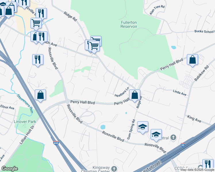 map of restaurants, bars, coffee shops, grocery stores, and more near 7820 Shadow Knoll Court in Baltimore