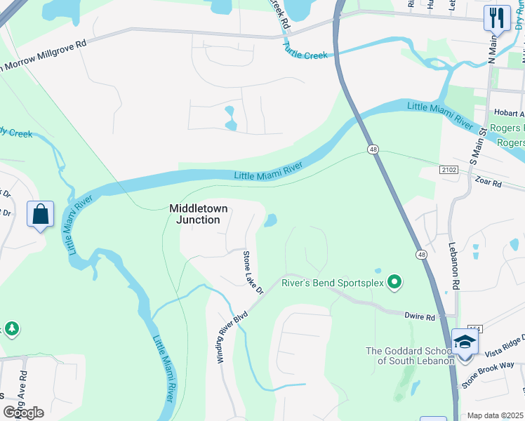 map of restaurants, bars, coffee shops, grocery stores, and more near 4794 Stone Lake Drive in Maineville