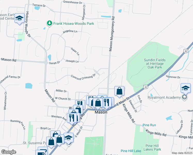 map of restaurants, bars, coffee shops, grocery stores, and more near 5104 Concord Hills Circle in Mason