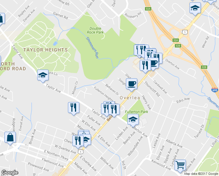 map of restaurants, bars, coffee shops, grocery stores, and more near 27 Belhaven Drive in Nottingham