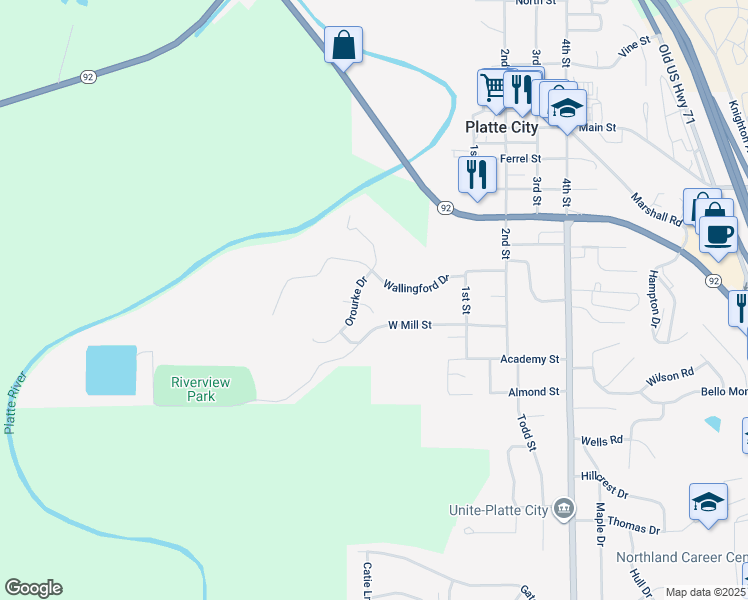 map of restaurants, bars, coffee shops, grocery stores, and more near 11 Atchison Court in Platte City
