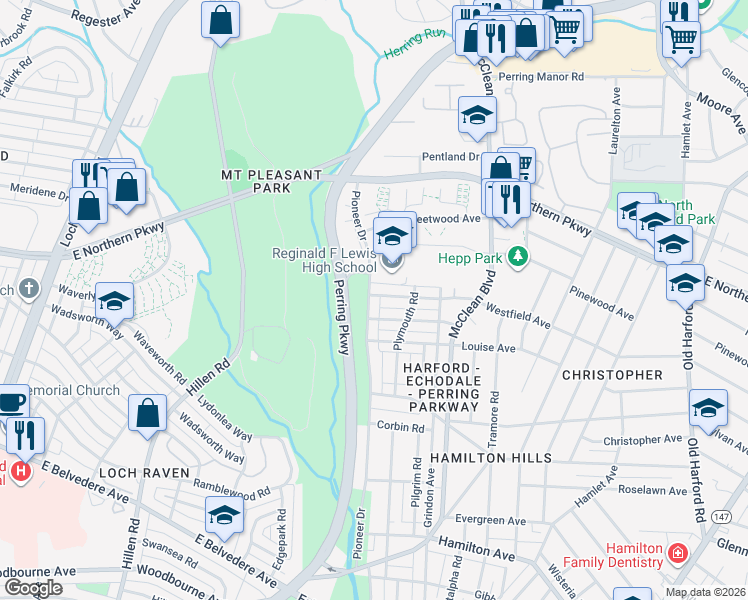 map of restaurants, bars, coffee shops, grocery stores, and more near 6329 Pioneer Drive in Baltimore