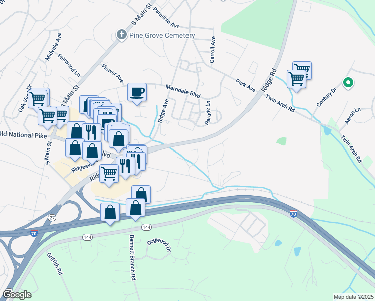 map of restaurants, bars, coffee shops, grocery stores, and more near 1402 Woodenbridge Lane in Mount Airy