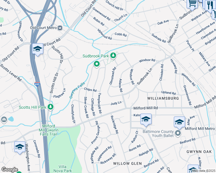 map of restaurants, bars, coffee shops, grocery stores, and more near 816 Olmstead Road in Pikesville