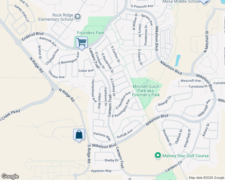 map of restaurants, bars, coffee shops, grocery stores, and more near 595 South Lindsey Street in Castle Rock
